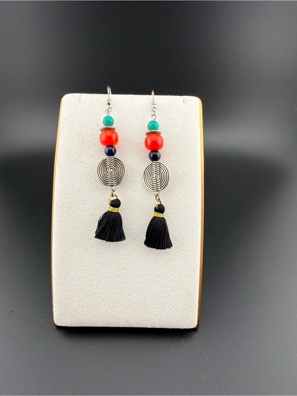 Handmade Multicolor Beaded Tassel Earrings - Black, Red & Turquoise